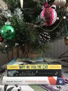 A stack of books under a Christmas tree, all books are young adult titles