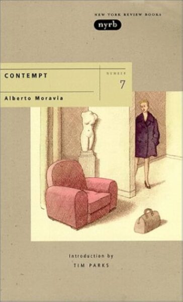 Coloured pencil drawing of a minimalist interior with pink armchair, sculpture of a naked torso, a briefcase and the figure of a woman wearing a short purple coat.