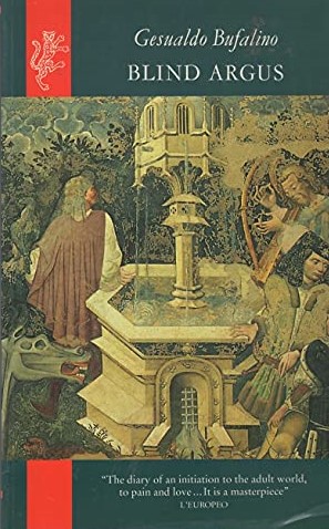 Detail from the Memento Mori, a painting of mediaeval scene in a formal garden with a fountain and various figures, one playing a lyre.