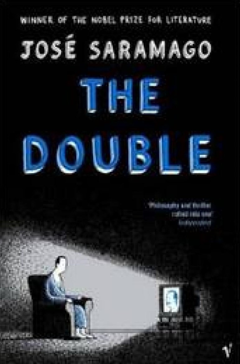 Cartoon like image of a man sitting in front of a tv which shines like a spotlight on his face. An actor is shown on the screen who is exactly like him except for a moustache.